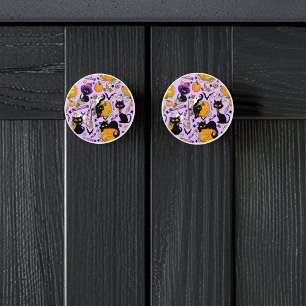 Cute Halloween Black Cats Pumpkins Candy Purple Ceramic Knob