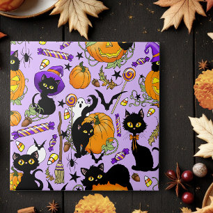 Cute Halloween Black Cats Pumpkins Candy Purple Ceramic Tile