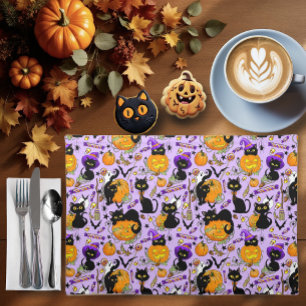 Cute Halloween Black Cats Pumpkins Candy Purple Cloth Placemat