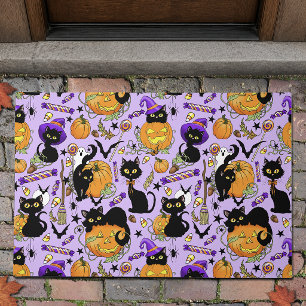 Cute Halloween Black Cats Pumpkins Candy Purple Doormat