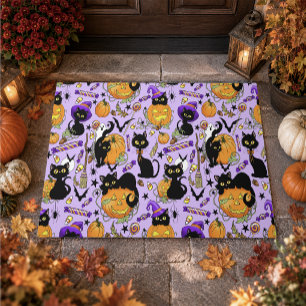 Cute Halloween Black Cats Pumpkins Candy Purple Doormat