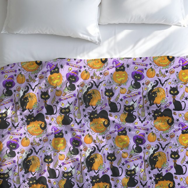Cute Halloween Black Cats Pumpkins Candy Purple Duvet Cover (Creator Uploaded)