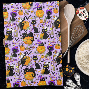 Cute Halloween Black Cats Pumpkins Candy Purple Kitchen Towel