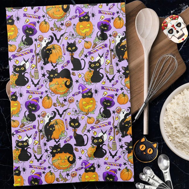 Cute Halloween Black Cats Pumpkins Candy Purple Kitchen Towel (Creator Uploaded)