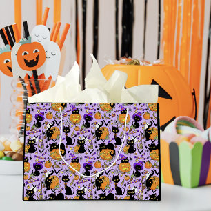 Cute Halloween Black Cats Pumpkins Candy Purple Large Gift Bag
