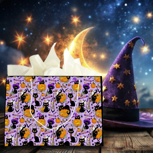 Cute Halloween Black Cats Pumpkins Candy Purple Large Gift Bag (Creator Uploaded)