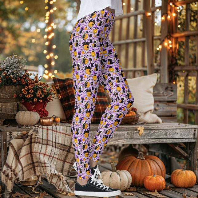 Cute Halloween Black Cats Pumpkins Candy Purple Leggings (Creator Uploaded)