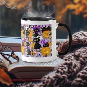Cute Halloween Black Cats Pumpkins Candy Purple Mug