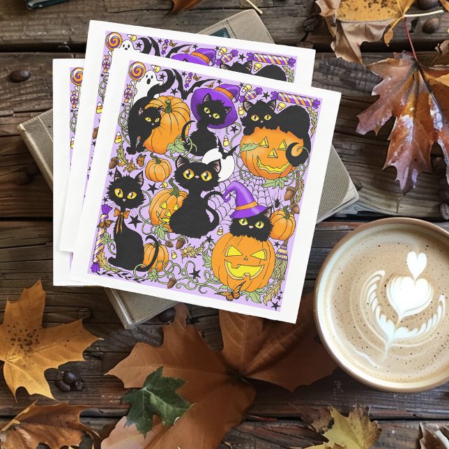 Cute Halloween Black Cats Pumpkins Candy Purple Napkins (Creator Uploaded)