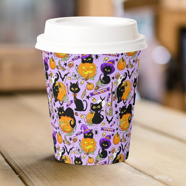 Cute Halloween Black Cats Pumpkins Candy Purple Paper Cups (Creator Uploaded)