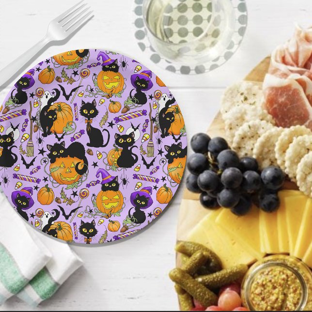 Cute Halloween Black Cats Pumpkins Candy Purple Paper Plates (Creator Uploaded)