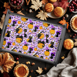 Cute Halloween Black Cats Pumpkins Candy Purple Serving Tray