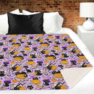 Cute Halloween Black Cats Pumpkins Candy Purple Sherpa Blanket