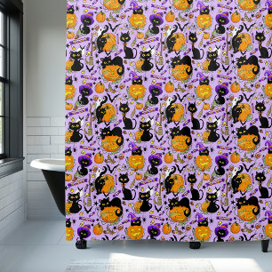 Cute Halloween Black Cats Pumpkins Candy Purple Shower Curtain