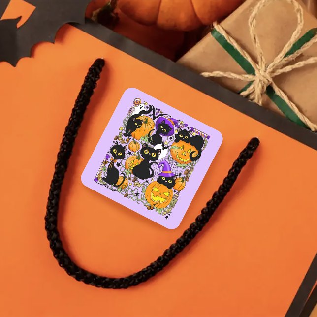 Cute Halloween Black Cats Pumpkins Candy Purple Square Sticker (Creator Uploaded)
