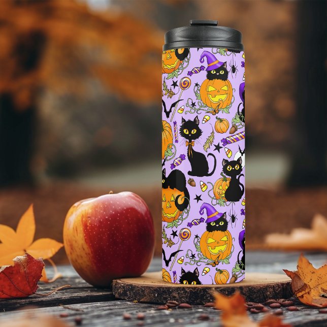 Cute Halloween Black Cats Pumpkins Candy Purple Thermal Tumbler (Creator Uploaded)