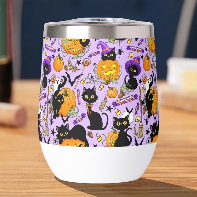 Cute Halloween Black Cats Pumpkins Candy Purple Thermal Wine Tumbler (Creator Uploaded)
