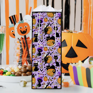 Cute Halloween Black Cats Pumpkins Candy Purple Wine Gift Bag