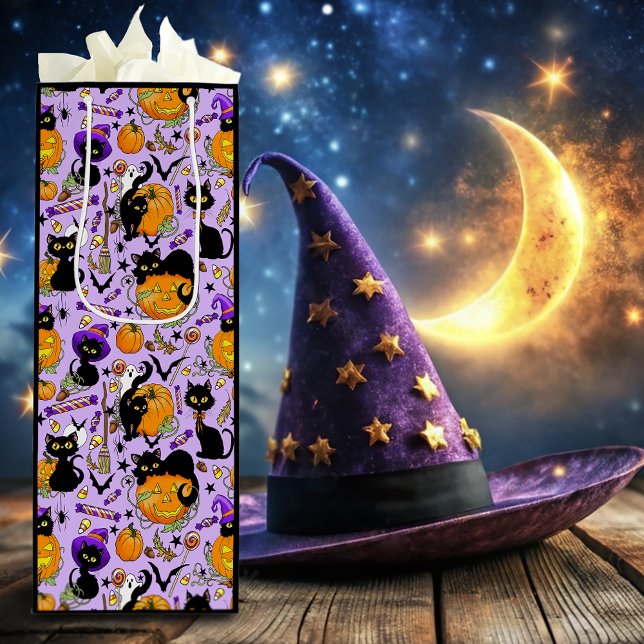 Cute Halloween Black Cats Pumpkins Candy Purple Wine Gift Bag (Creator Uploaded)