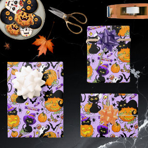 Cute Halloween Black Cats Pumpkins Candy Purple Wrapping Paper Sheets
