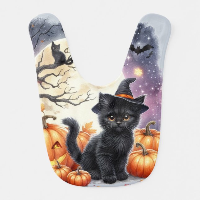 Cute Halloween Black Kitten Baby Bib (Front)