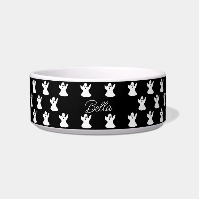 Cute Halloween Black White Ghost Personalized Dog Bowl (Front)