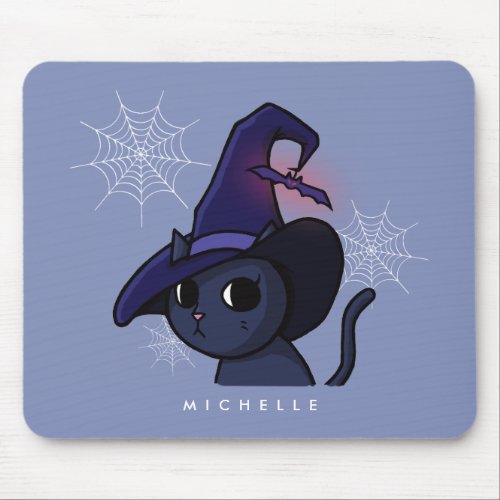 Cute Halloween Black Witch Cat  Add Your Name Mouse Pad