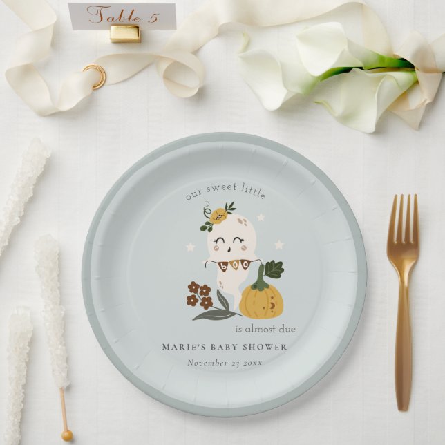 Cute Halloween Blue Ghost Little Boo Baby Shower Paper Plates (Wedding)