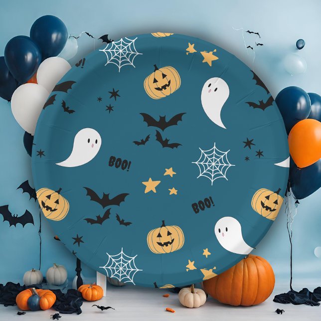 Cute Halloween Boo Blue Paper Plates (Creator Uploaded)