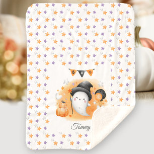 Cute Halloween Boo Ghost Name Orange  Sherpa Blanket