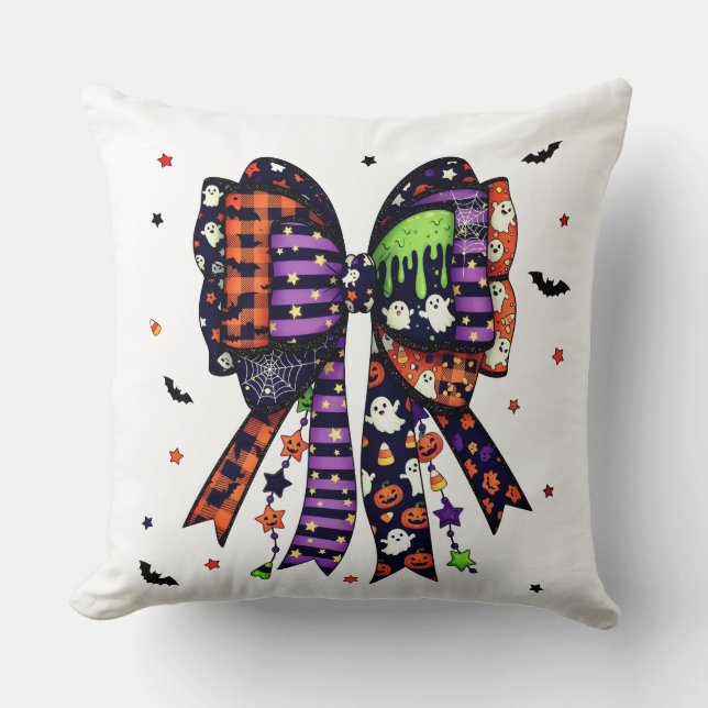 Cute Halloween Bow Ghost and Pumpkin Throw Pillow (Front)