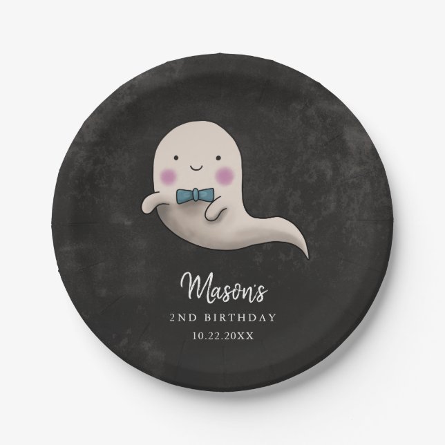 Cute Halloween Bow Tie Ghost Birthday Party Paper Plates (Front)