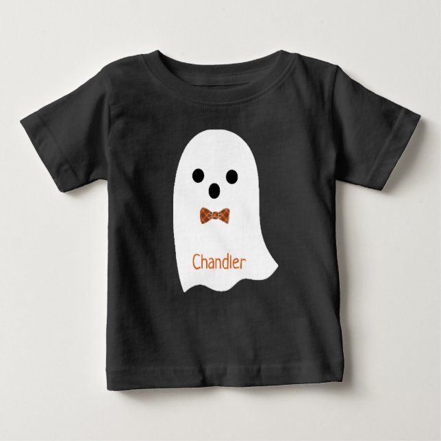 Cute Halloween Boy Ghost Plaid Bow Kids Name Baby T-Shirt (Front)