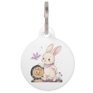 Cute Halloween Bunny with Pumpkin Lantern and Bat Pet ID Tag