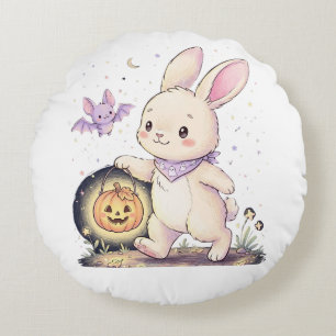 Cute Halloween Bunny with Pumpkin Lantern and Bat  Round Pillow