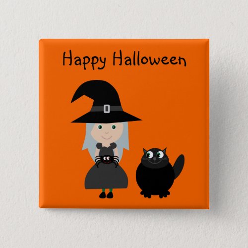 Cute Halloween Button With Witch Spider  Cat