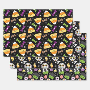 Cute Halloween Candy Corn, Frankenstein & Skeleton Wrapping Paper Sheets