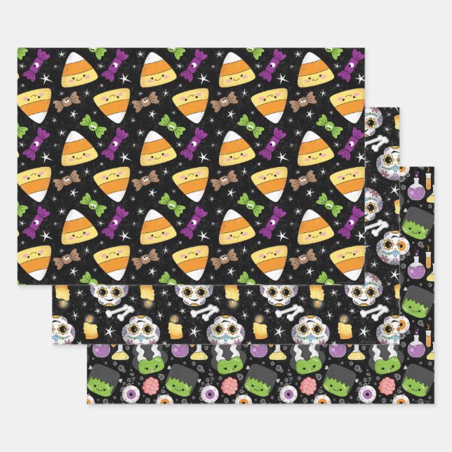 Cute Halloween Candy Corn, Frankenstein & Skeleton Wrapping Paper Sheets (Set)