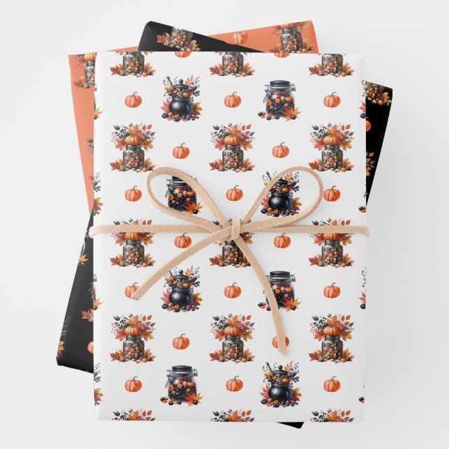 Cute Halloween Candy Jars | Pumpkins Fall Pattern Wrapping Paper Sheets (In situ)