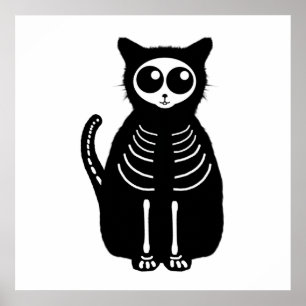 Cute Halloween Cartoon Cat Skeleton Poster