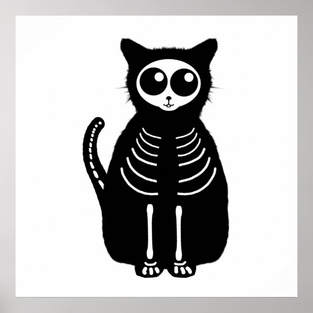 Cute Halloween Cartoon Cat Skeleton Poster (Front)