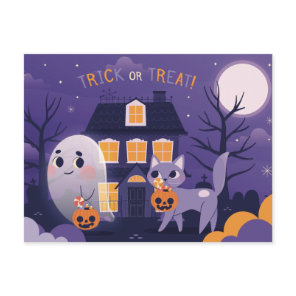 Cute Halloween Cat And A Ghost Postcard