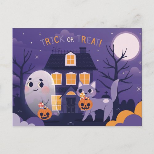 Cute Halloween Cat And A Ghost Postcard