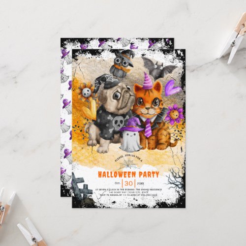 Cute Halloween cat and dog party invitation