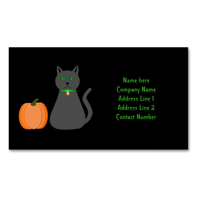 Cute Halloween Cat and Pumpkin Custom Business Card Magnet (Front)