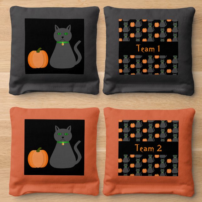 Cute Halloween Cat and Pumpkin Custom Cornhole Bags (Wood)