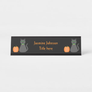 Cute Halloween Cat and Pumpkin Custom Desk Name Plate