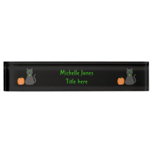 Cute Halloween Cat and Pumpkin Custom Desk Name Plate