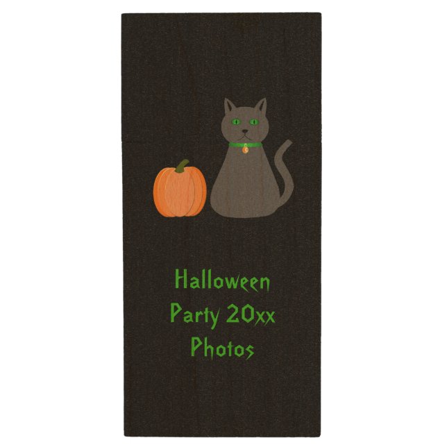 Cute Halloween Cat and Pumpkin Custom Wood Flash Drive (Front Vertical)
