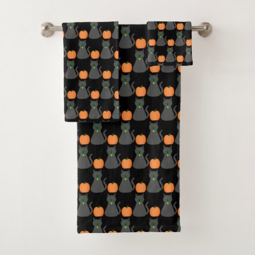 Cute Halloween Cat and Pumpkin Patterned Bath Towel Set